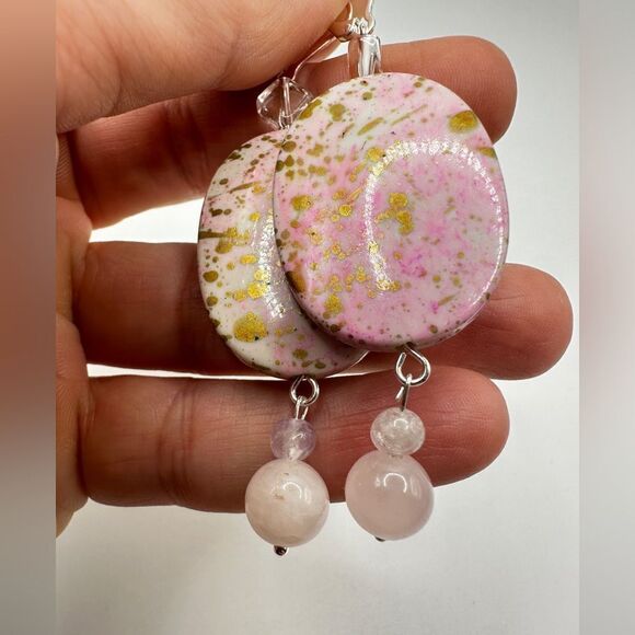 SALE 3" dangle earrings with painted acrylic beads, rose quartz and glass beads! - Picture 6 of 11